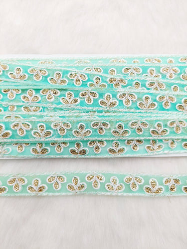 Wholesale Mint Green Net Lace Floral Embroidery & Glitter Gold Sequins, Indian Wedding Border, Gifting Ribbon Costume Trim Fashion Trimming